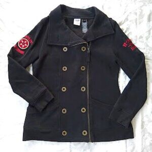 Black Harley-Davidson Zip-Up Jacket with Hood, Buttons, and Sleeve Detail